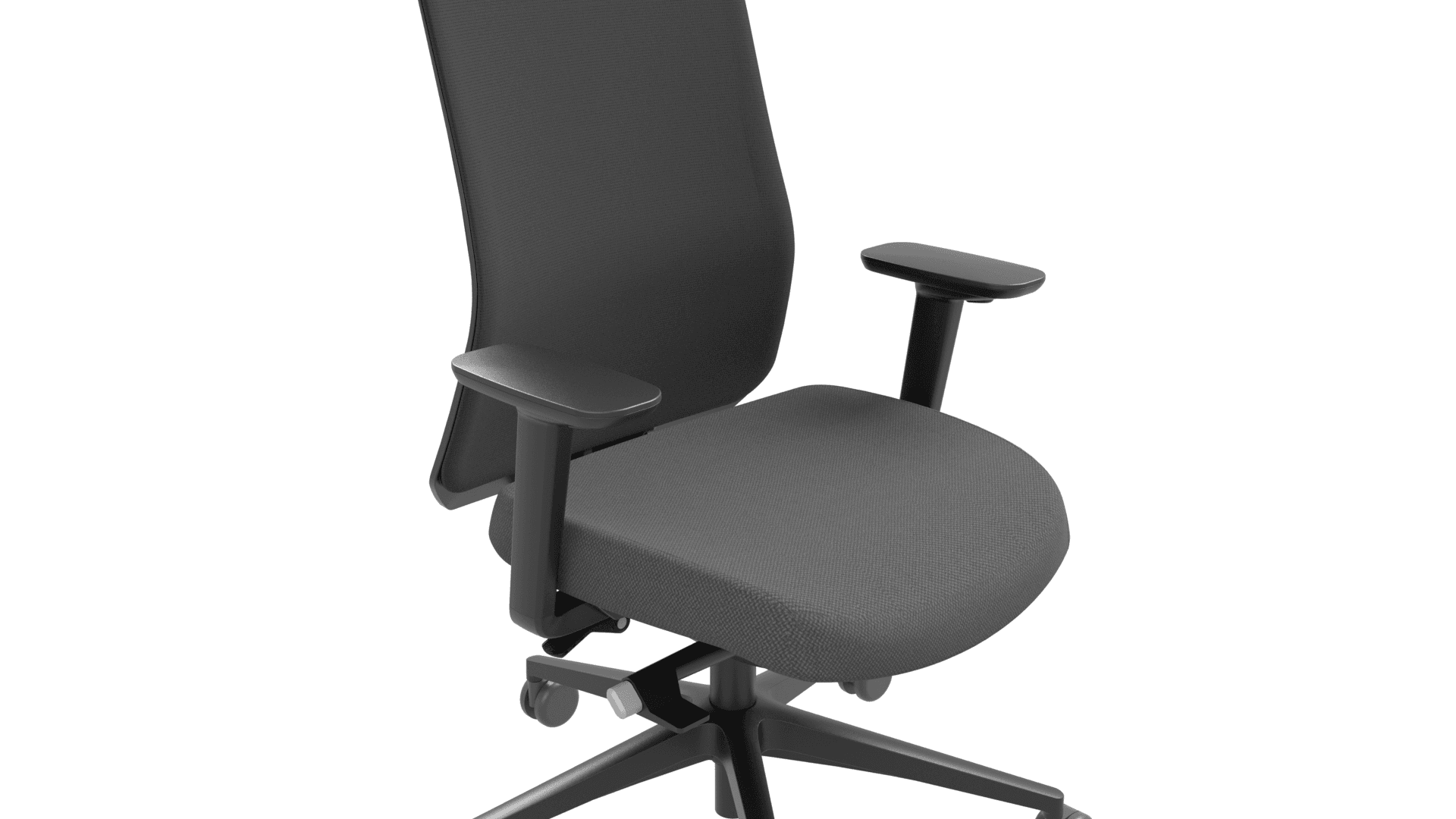 EIRA G5A0194 - Task chair with 2D adjustable black plastic armrests. Slide seat. Black backrest frame with height adjustable lumbar support. Weight-sensitive synchronized mechanism with 5 locking positions. Black plastic 5 star base with fiberglass and 65 mm castors. 3
