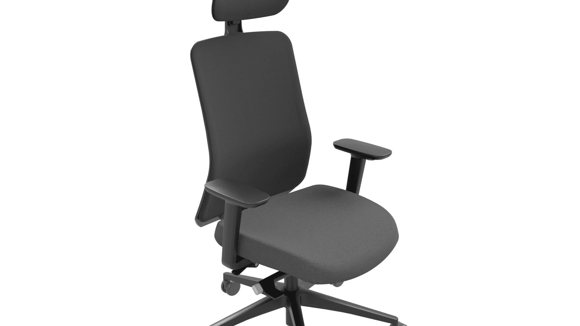 EIRA G5A0200 - Task chair with 2D adjustable black plastic armrests. Slide seat. Black backrest frame with height adjustable lumbar support and height adjustable headrest. Weight-sensitive synchronized mechanism with 5 locking positions. Black plastic 5 star base with
fiberglass and 65 mm castors. 3